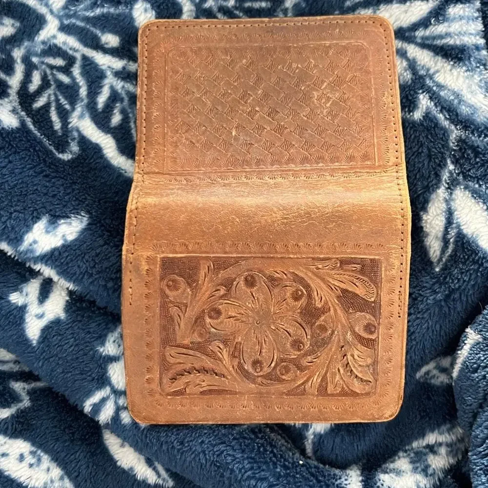 1898 Antique hand-tooled Leather billfold wallet featuring a floral pattern
